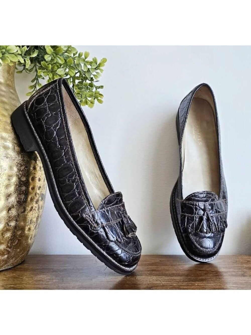 Talbots Womens Crocodile Leather Tassel Penny Loafers Size 8.5B Brown AN NWOB